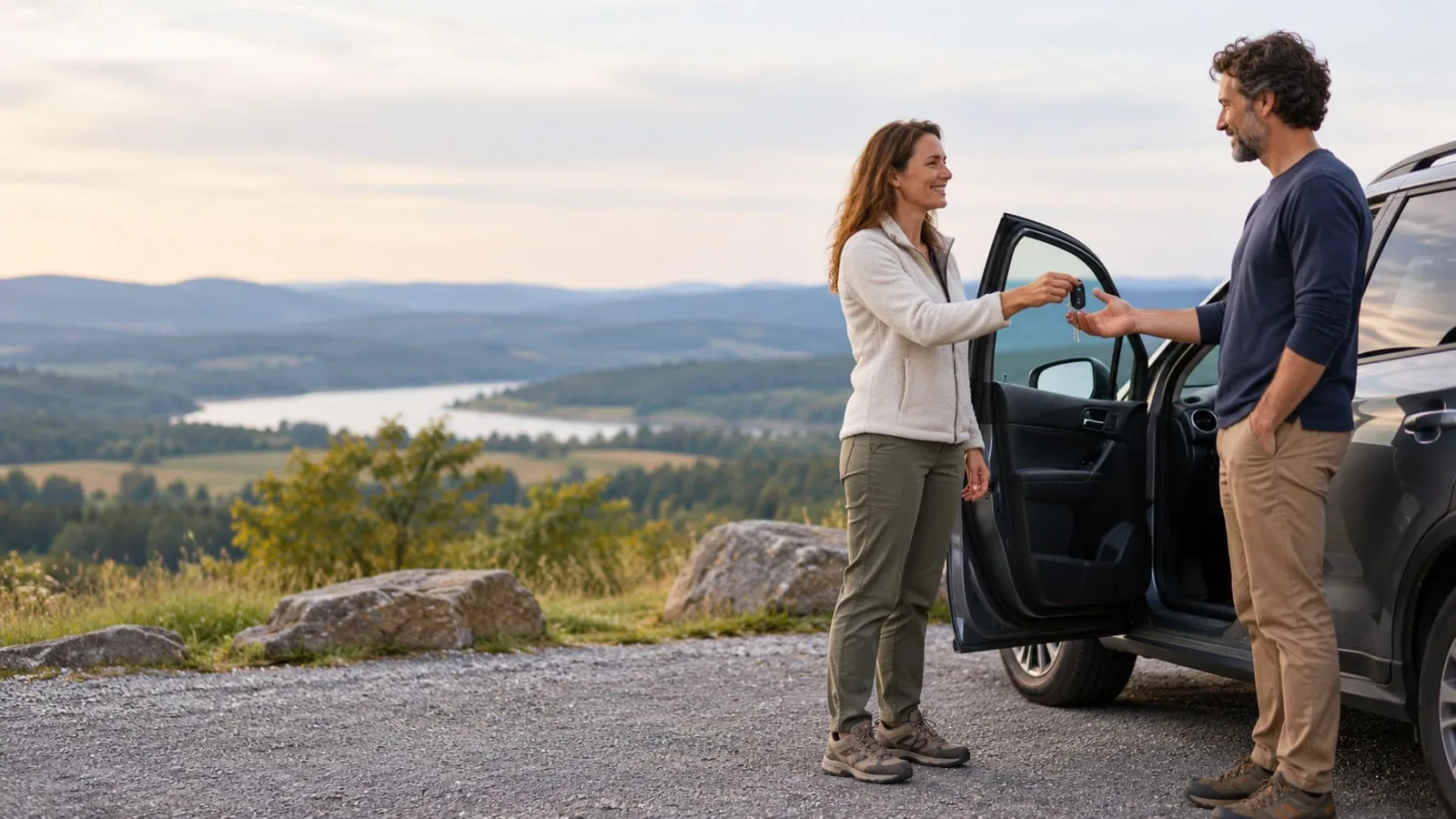 A woman hands a car key to a man beside an open car door on a hilltop overlook with a lake and hills behind them