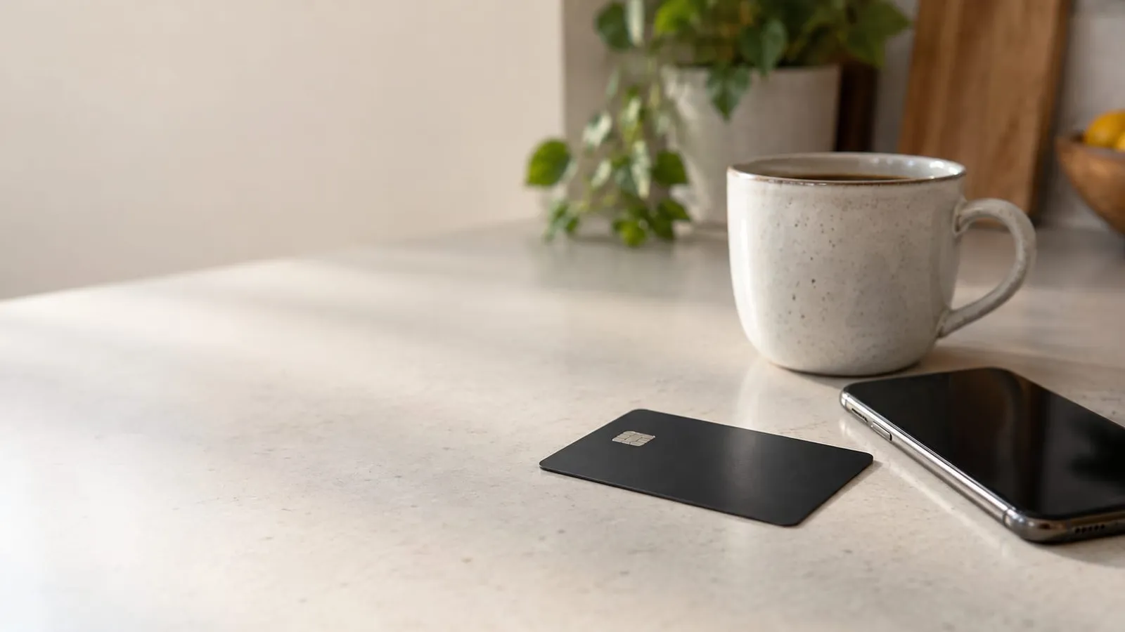 A black payment card lying on a light kitchen counter next to a smartphone and a ceramic coffee mug