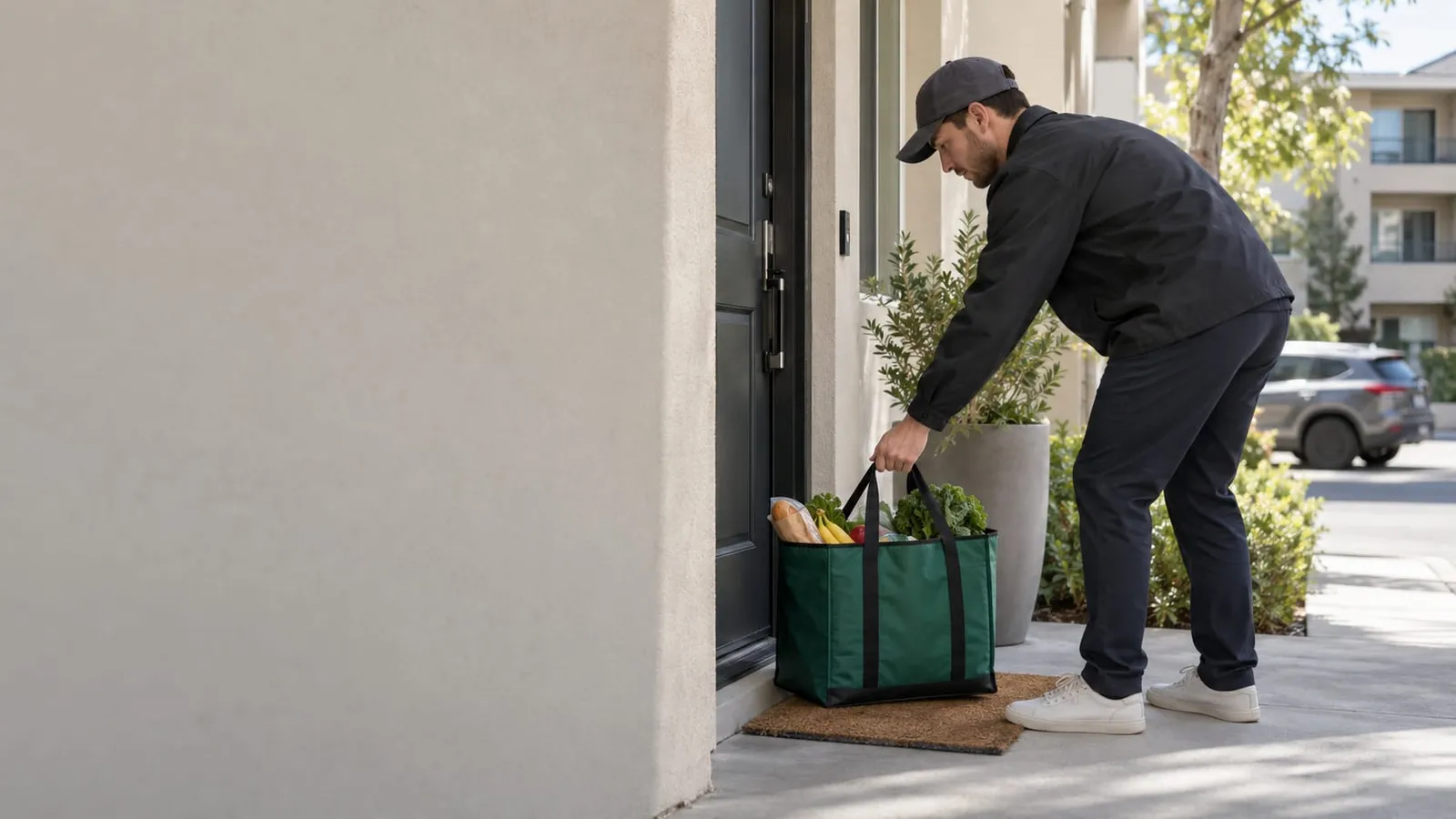 A delivery driver in a cap sets a green tote bag of groceries on a doormat in front of a front door