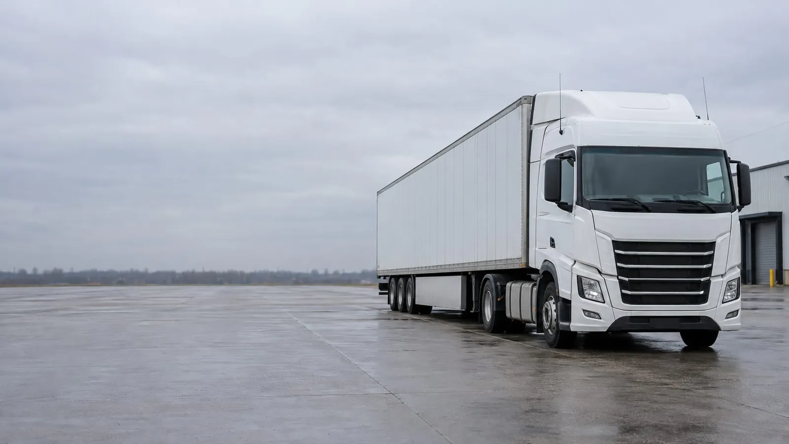 A white semi-trailer truck parked on a wet concrete lot next to a warehouse under an overcast sky