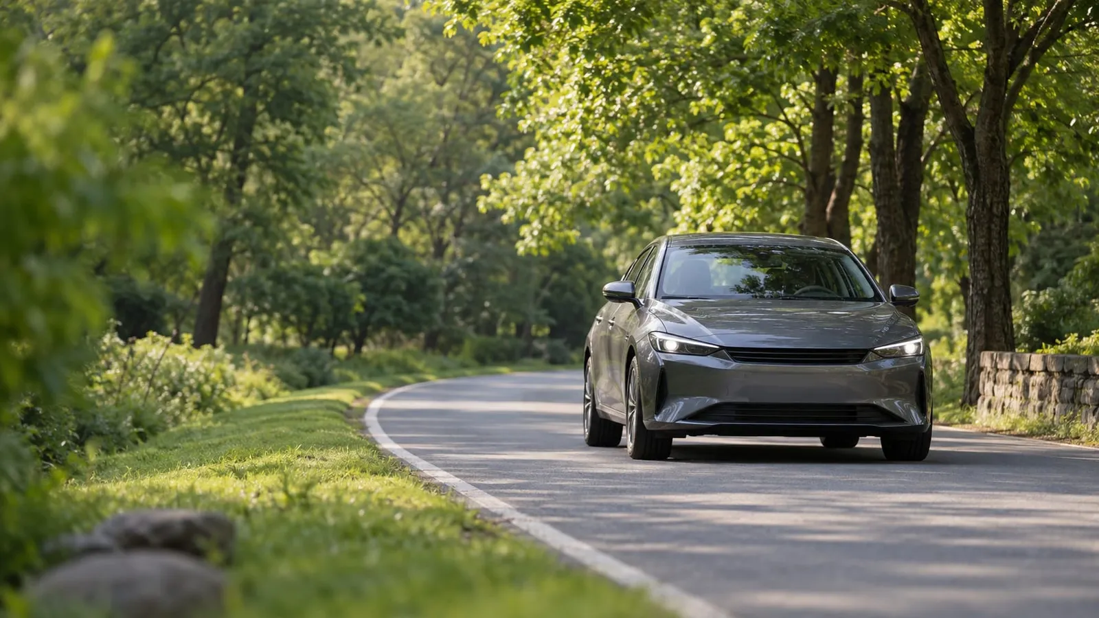 A gray sedan driving along a curved road lined with green trees in sunlight