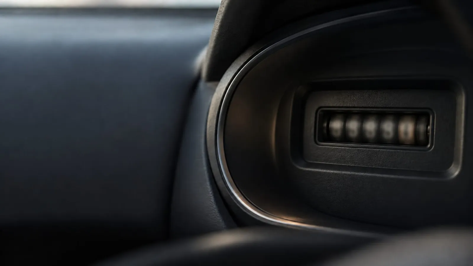 A close-up of a car's dashboard odometer with blurred digits in dim light