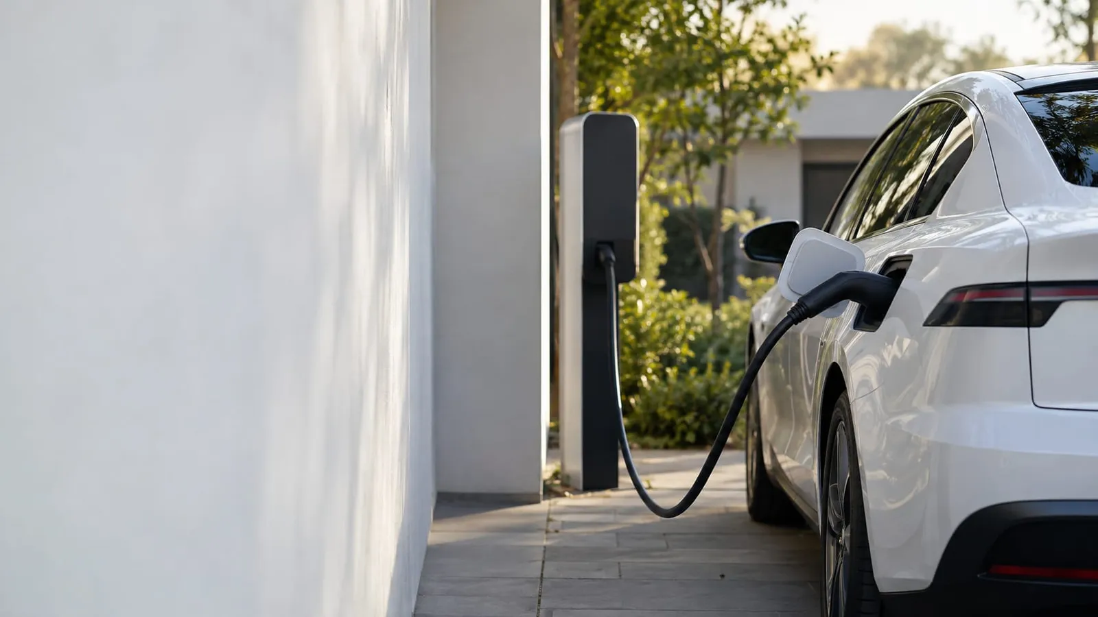A white electric car plugged into a home charging post in a driveway