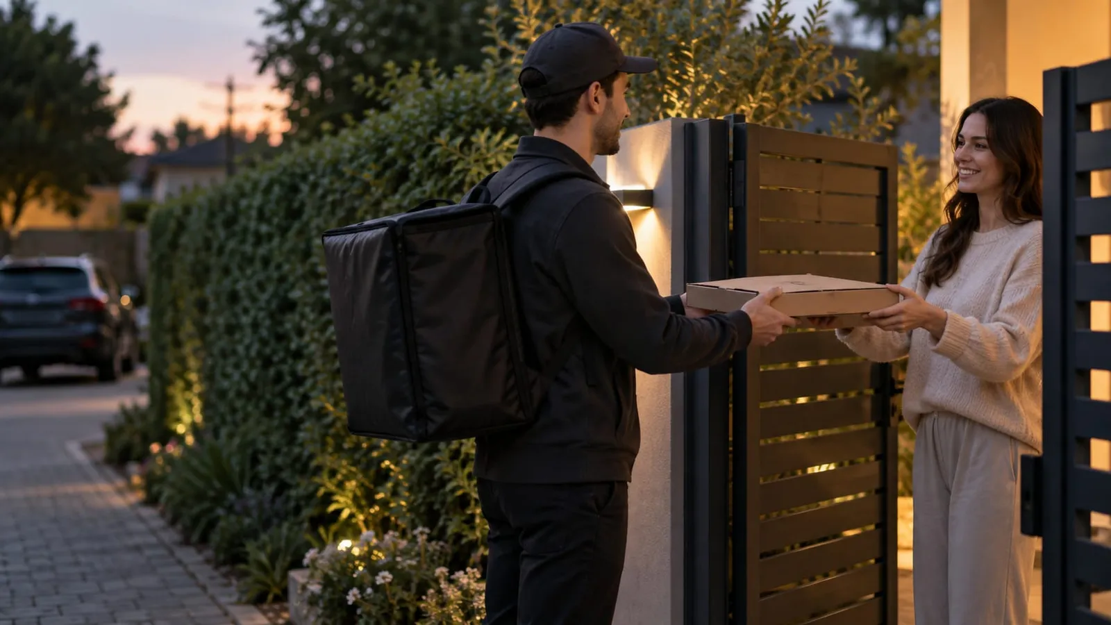 A delivery courier in a dark jacket hands a pizza box to a smiling woman at a garden gate in the evening