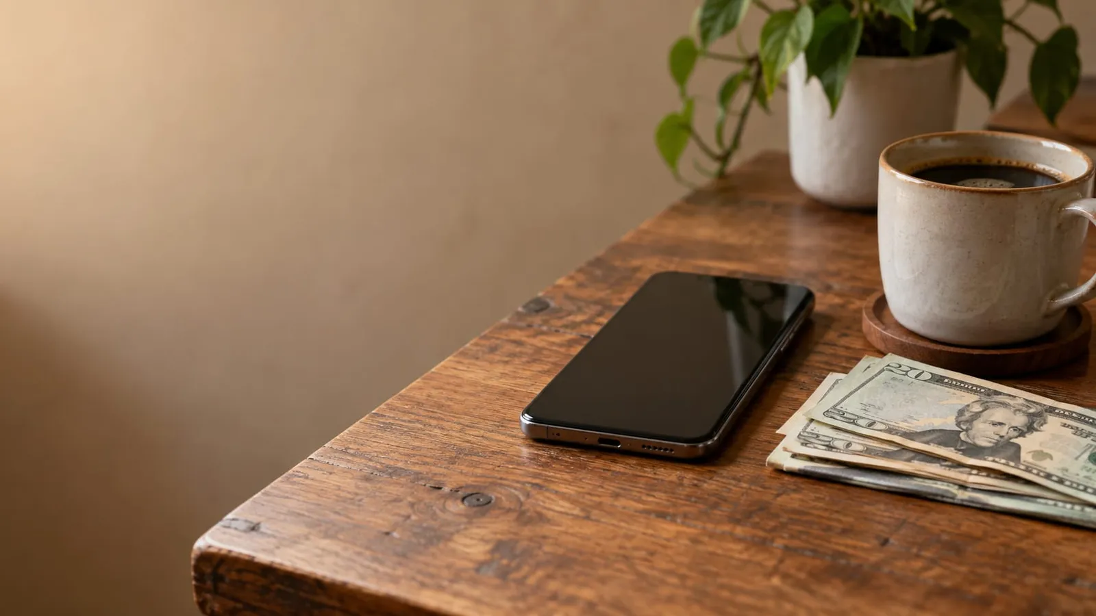 A smartphone lying on a wooden table next to a stack of twenty-dollar bills, a coffee mug and a potted plant