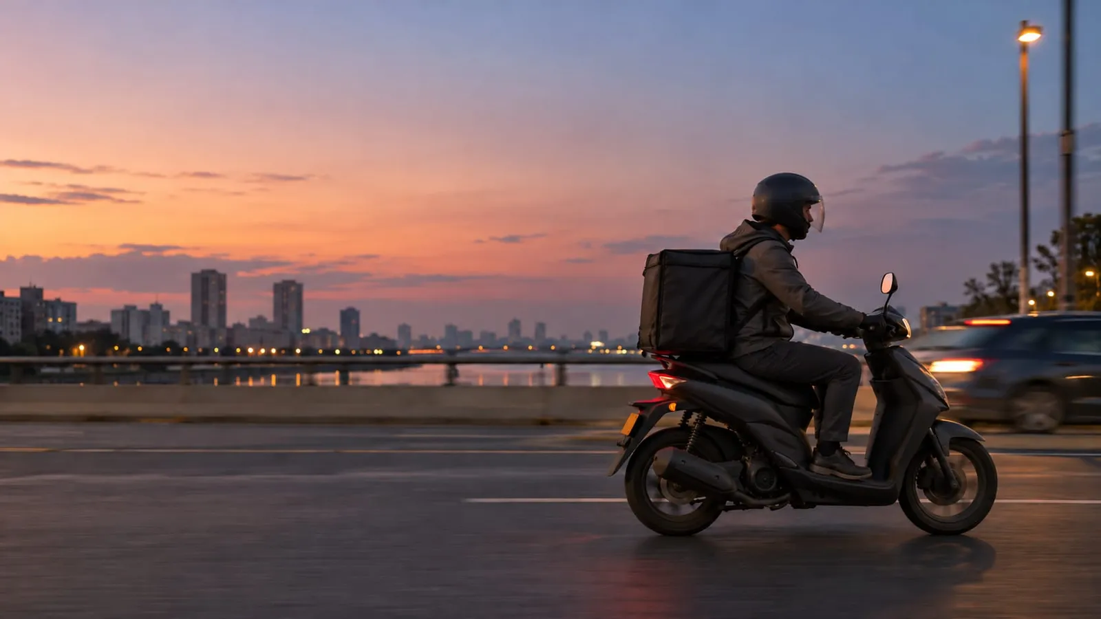 A delivery rider in a helmet with an insulated backpack on a scooter on a city bridge at sunset, the skyline behind