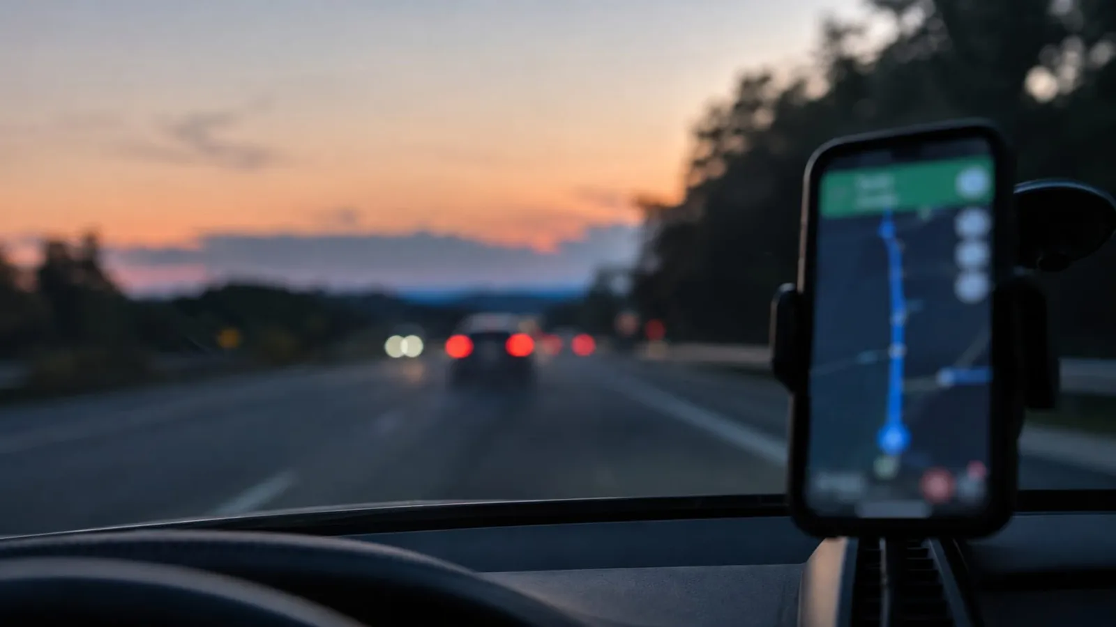 A smartphone showing a route map in a dashboard mount while a car drives down a highway at dusk