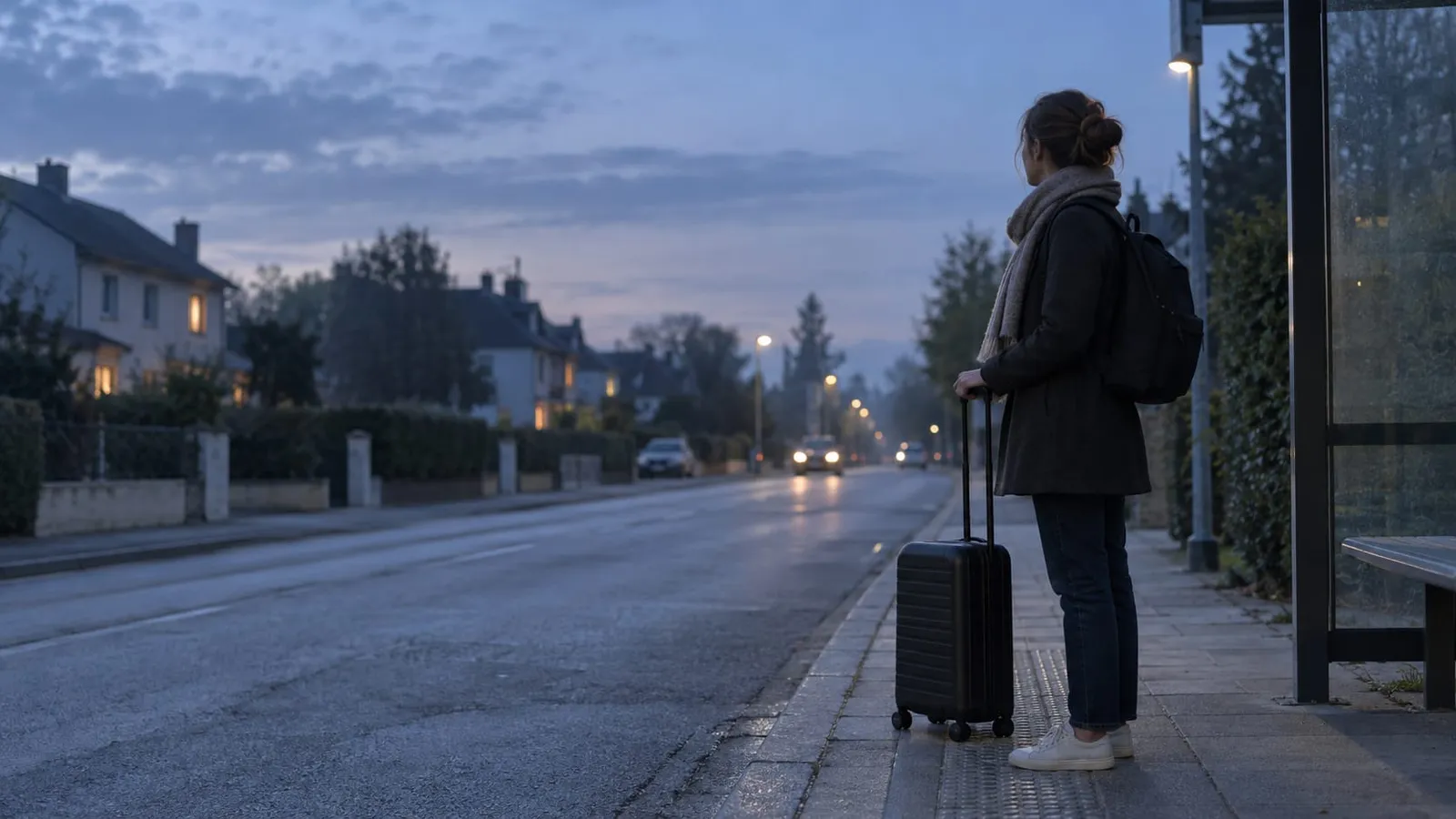 A woman with a suitcase and a backpack waits at a bus shelter on a residential street at dawn while cars approach