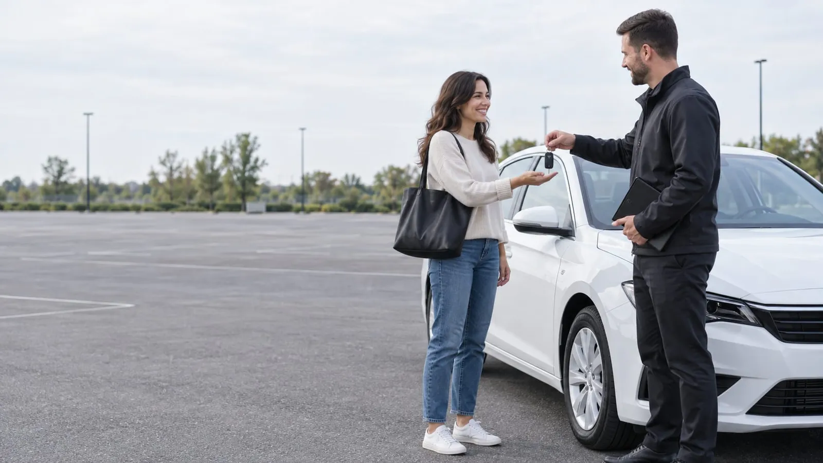 A woman with a tote bag receives car keys from a man holding a tablet beside a white sedan in an empty parking lot