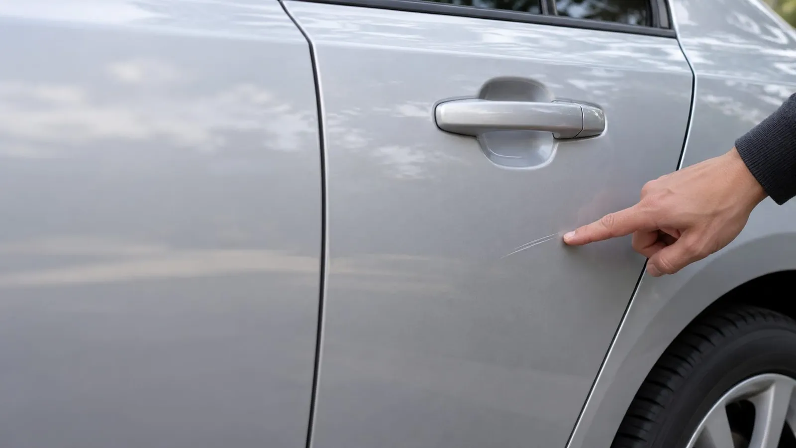 A hand points at a thin scratch on the rear door of a silver car, just below the door handle