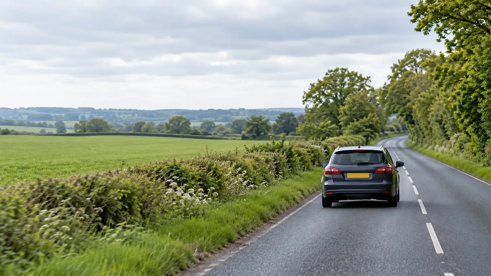 A gray estate car drives along a narrow country road lined with hedges and green fields under a cloudy sky