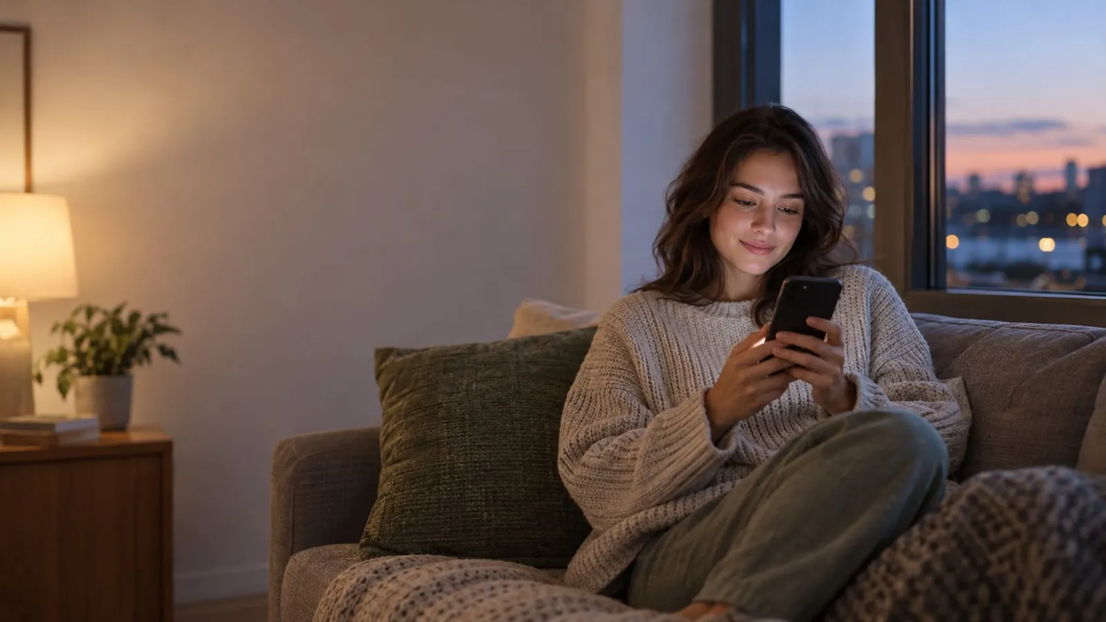 A woman sits on a sofa in a cozy living room in the evening and looks at her smartphone