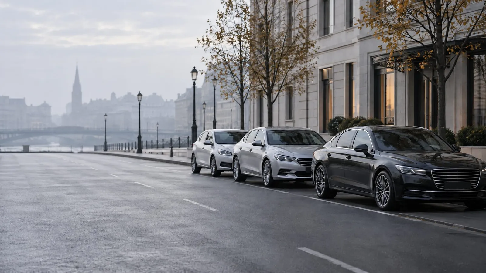 Three parked sedans of different sizes, from compact silver to a large black one, along a misty city riverside street in fall