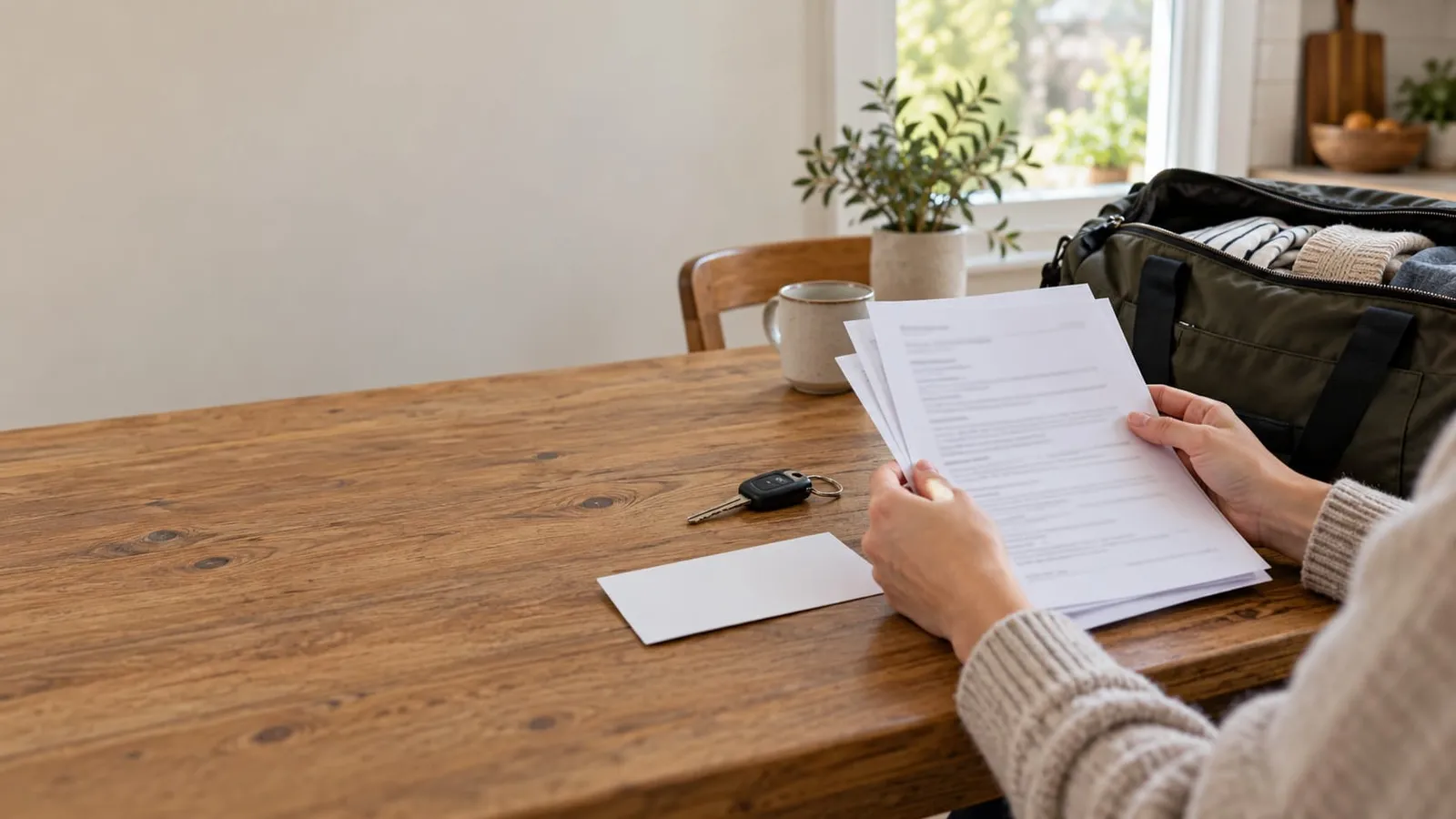 A woman holds several printed pages at a wooden table with a car key, a blank card, a mug and an open travel bag nearby