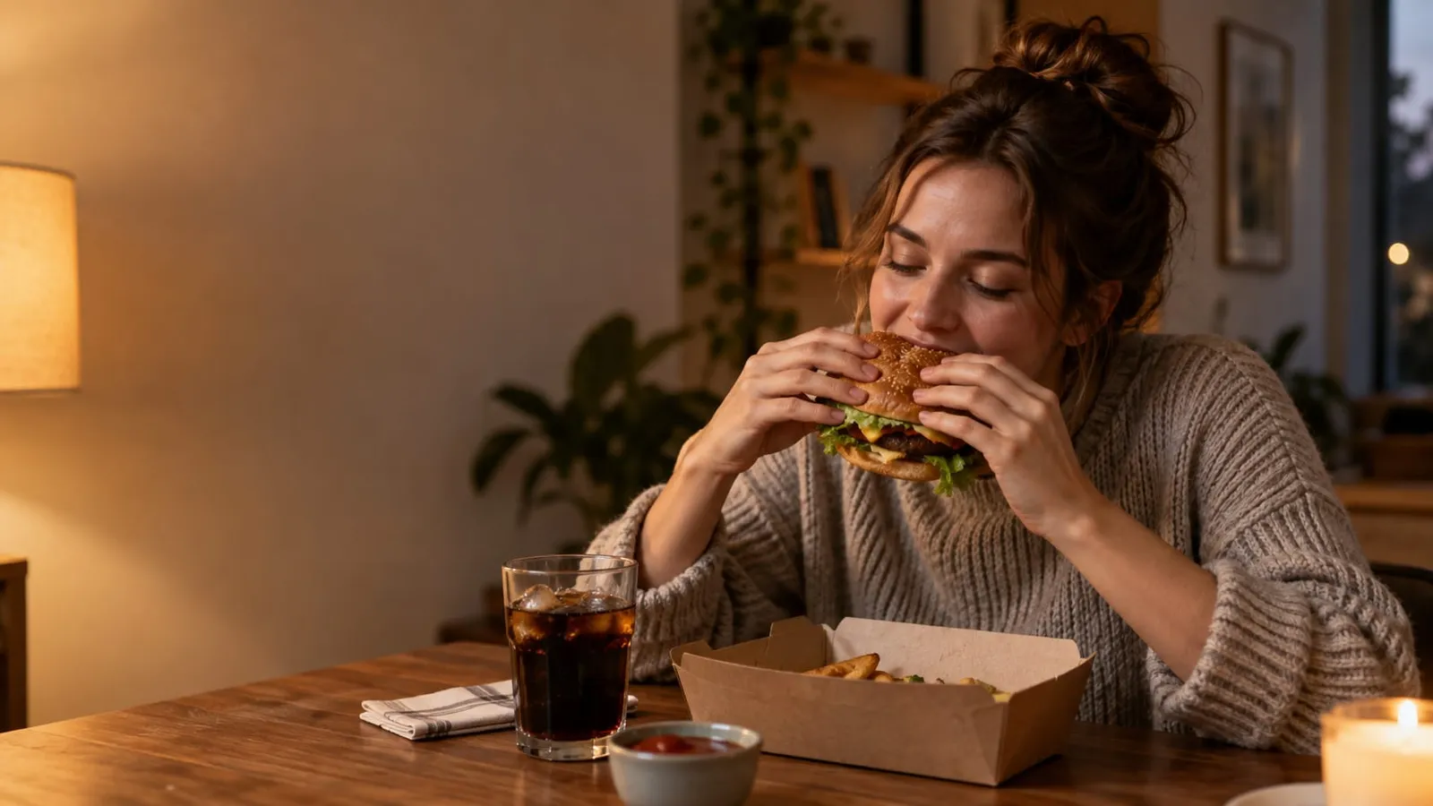 A woman in a gray knit sweater taking a bite of a burger at a wooden table next to a takeout box of fries, a glass of cola and a candle