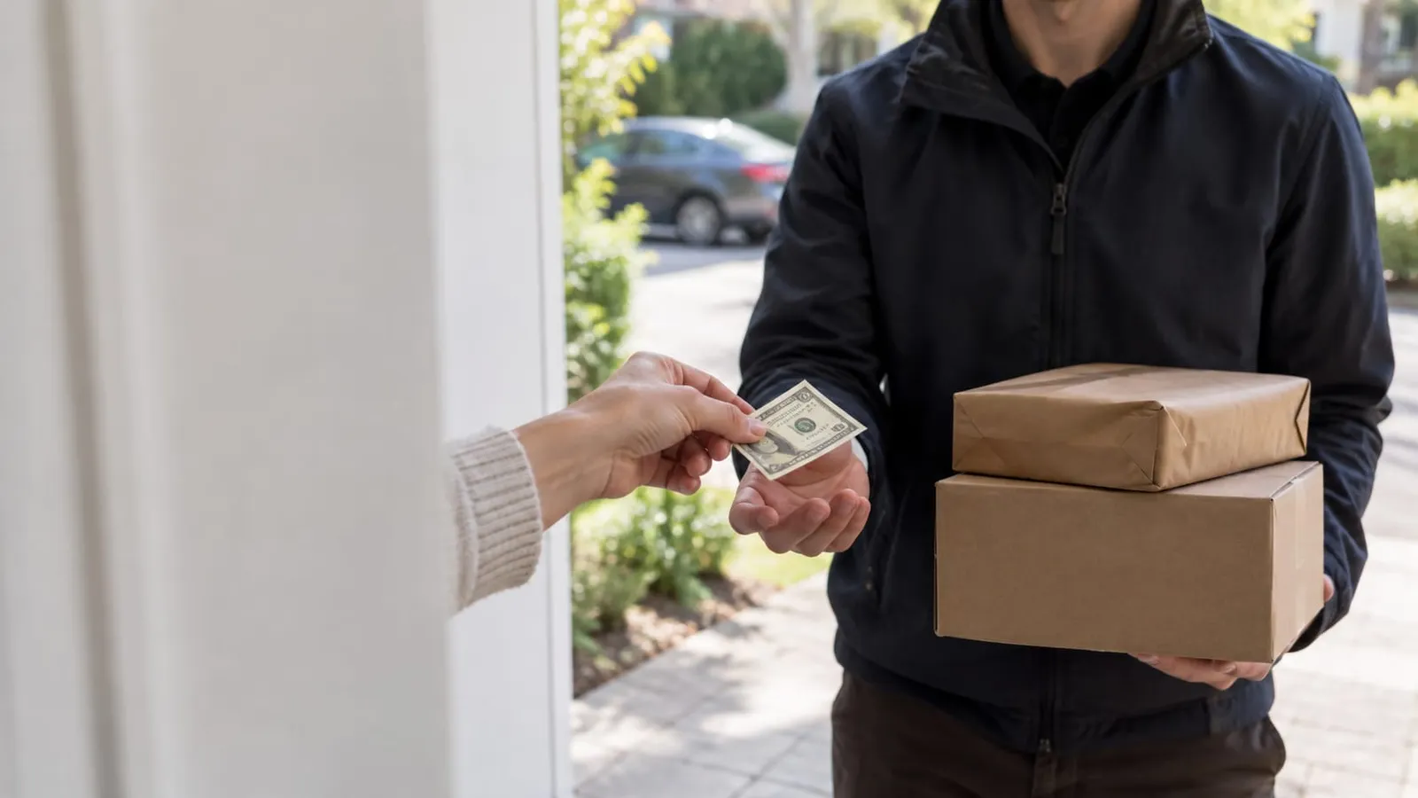 A hand gives a courier a dollar bill while the courier holds two cardboard packages at a front door