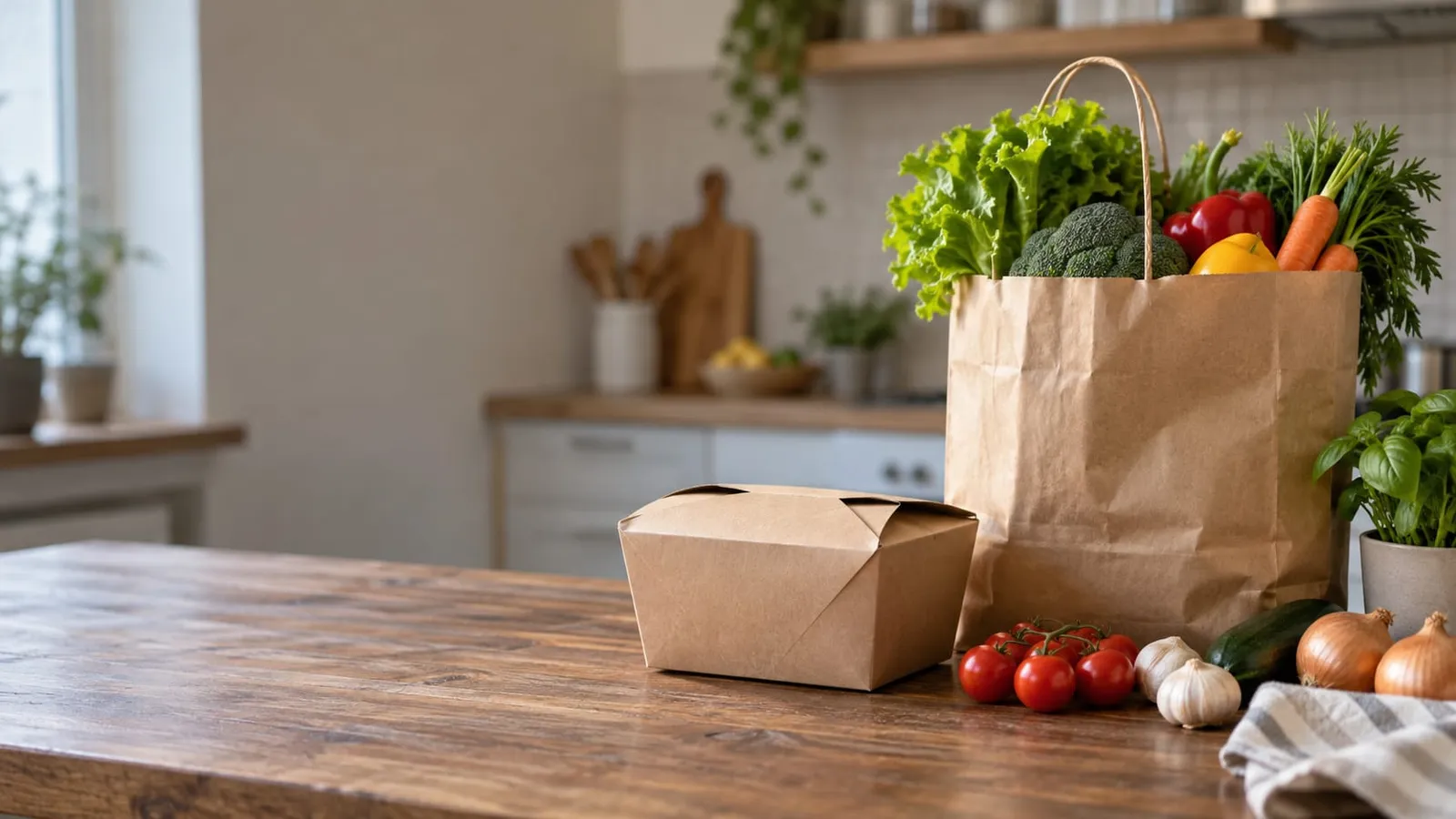 A paper grocery bag full of fresh vegetables and a kraft takeout box on a wooden kitchen counter