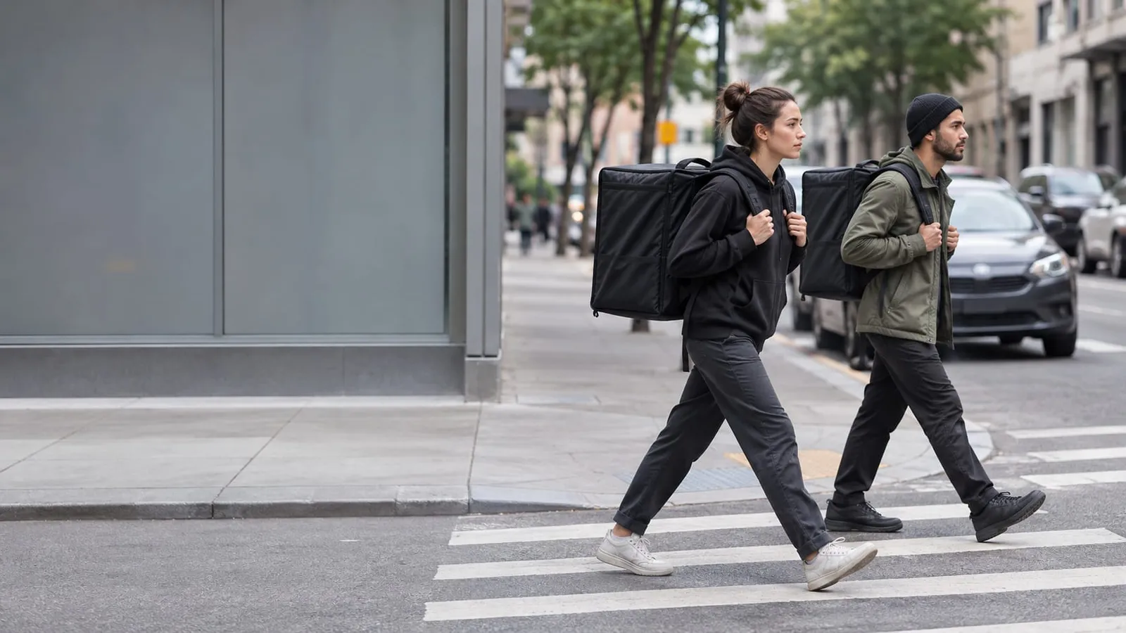 Two couriers with black insulated backpacks walk across a city crosswalk