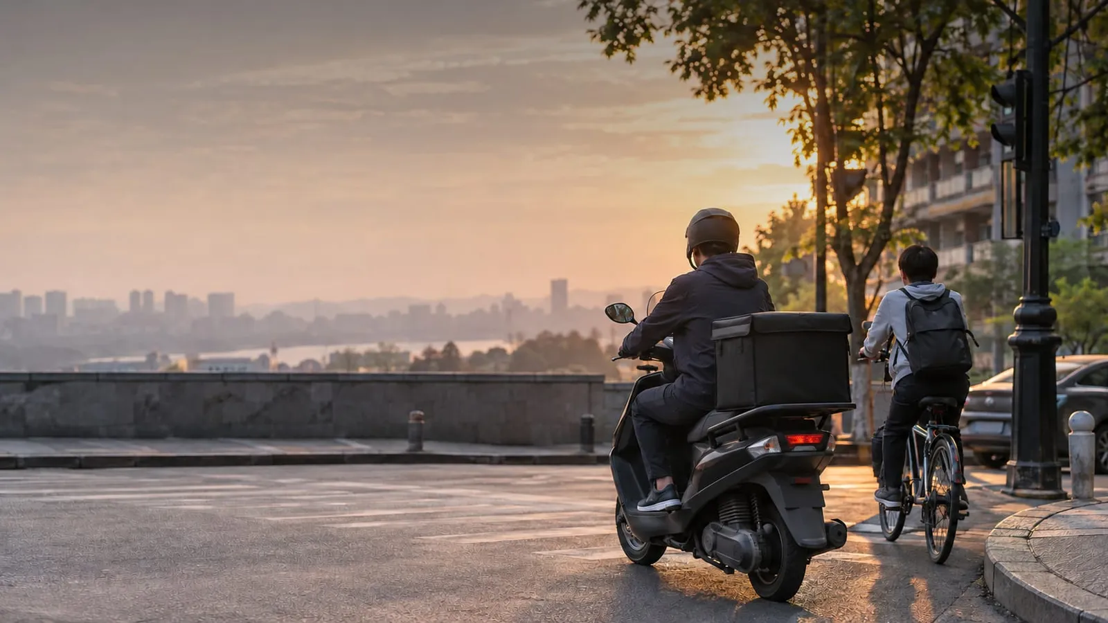 A courier on a scooter with an insulated delivery box and a cyclist with a backpack waiting at a crosswalk in a city at sunset