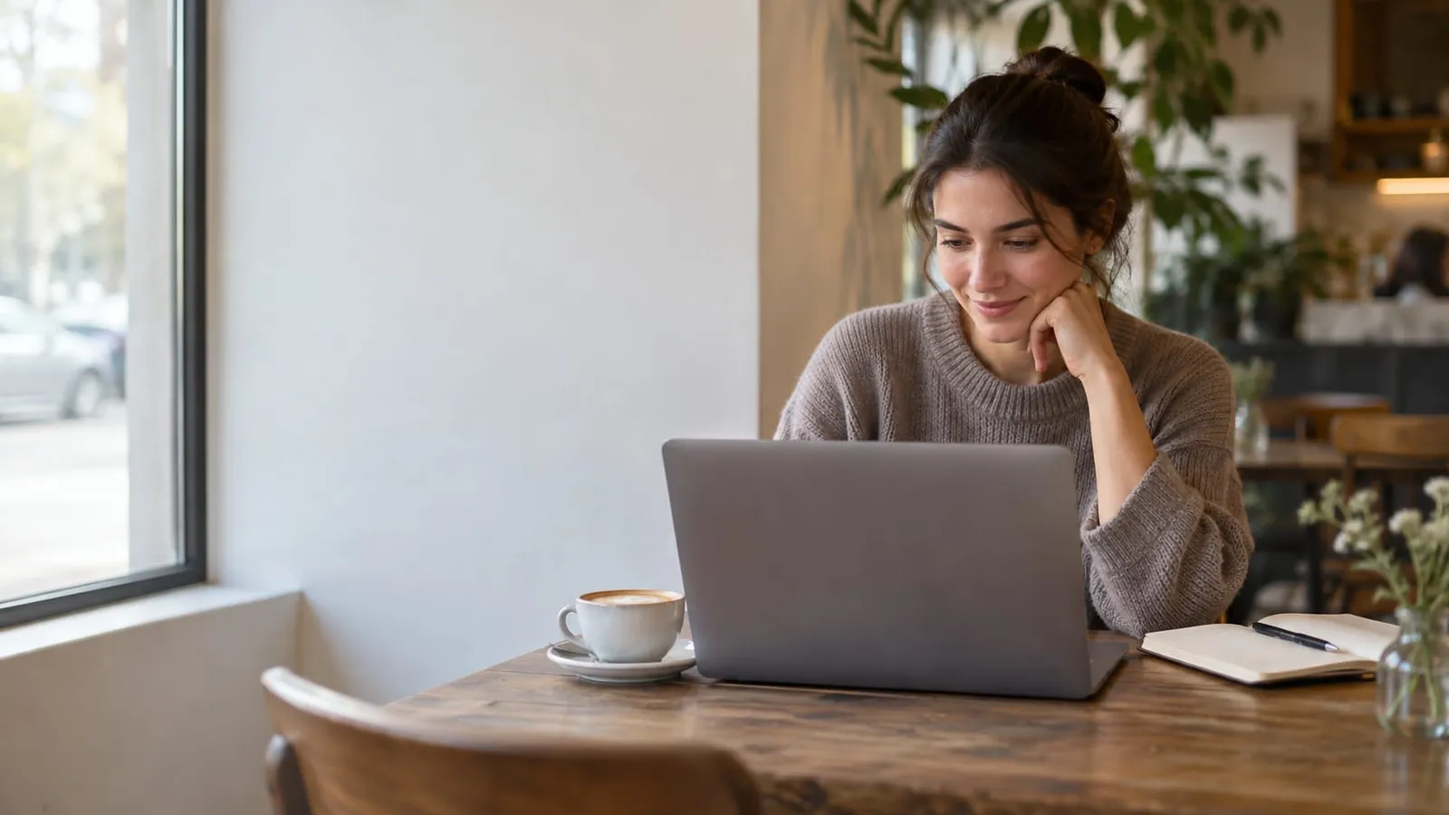 A smiling woman in a gray sweater resting her chin on her hand and looking at a laptop on a wooden café table with a latte and a notebook