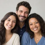 Three smiling people posing together for a team portrait.