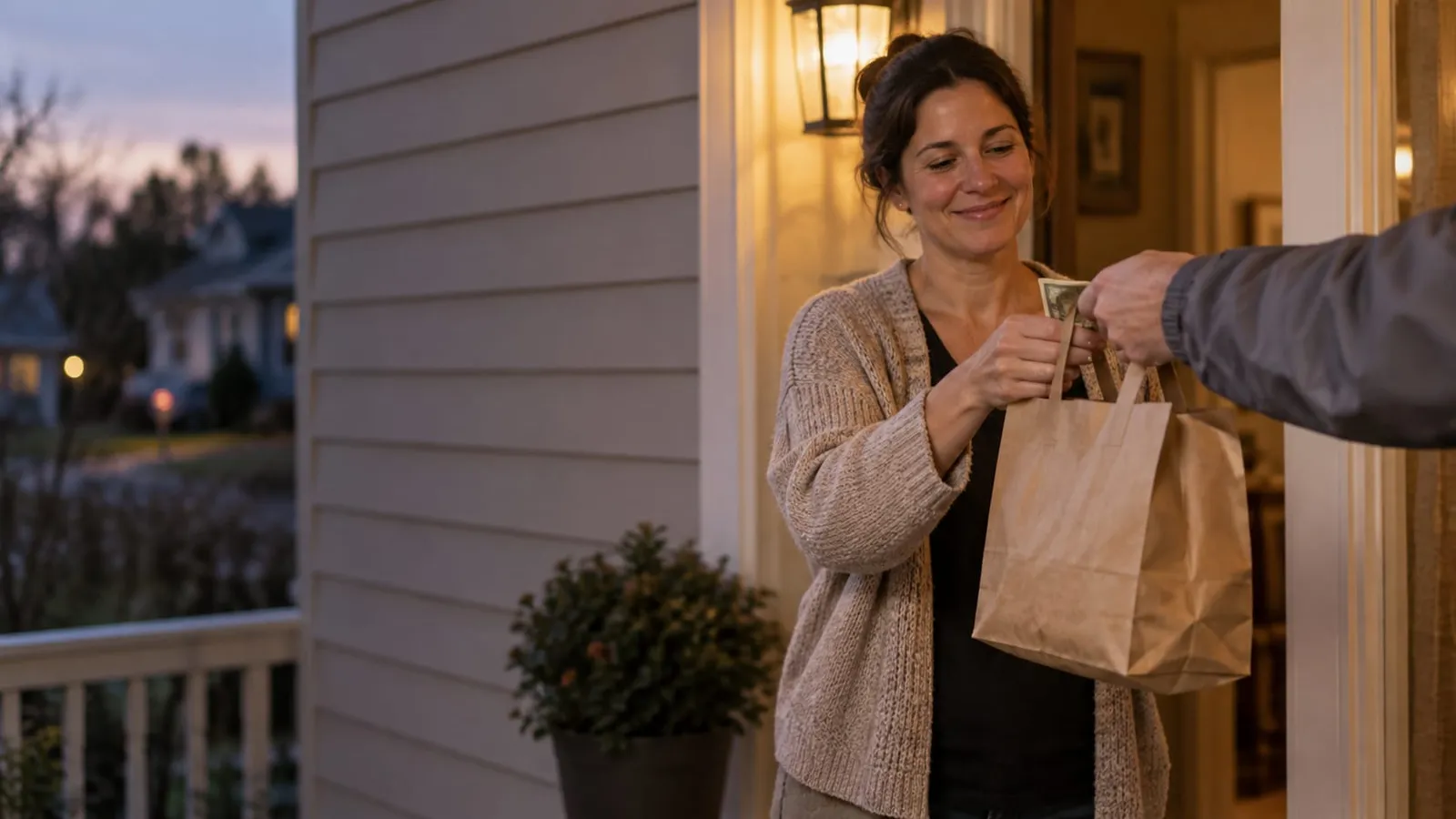 A woman in a cardigan on her porch at dusk takes a paper takeaway bag from a delivery courier while holding a dollar bill