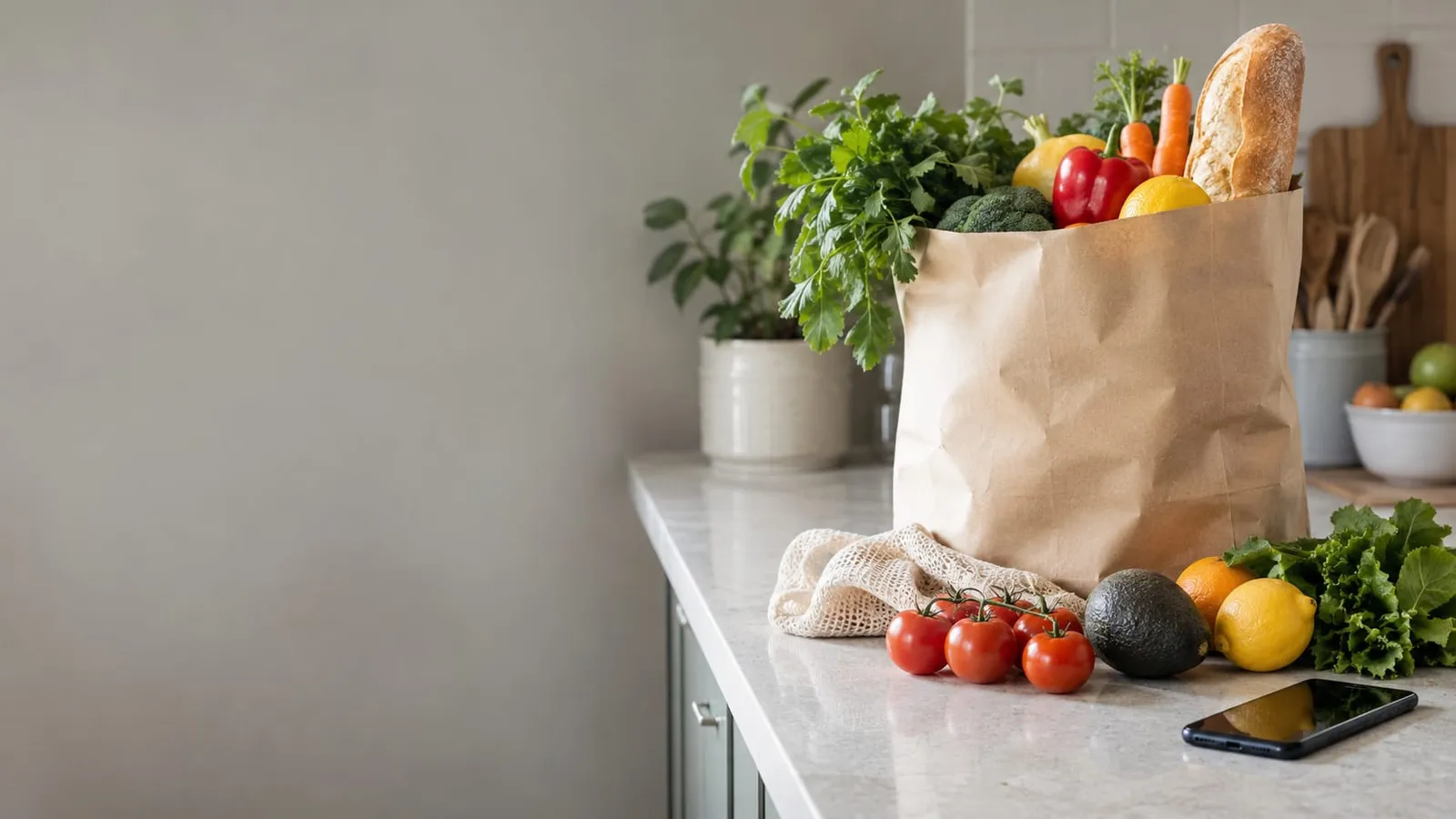 A paper grocery bag full of vegetables and bread on a kitchen counter next to tomatoes, an avocado and a smartphone