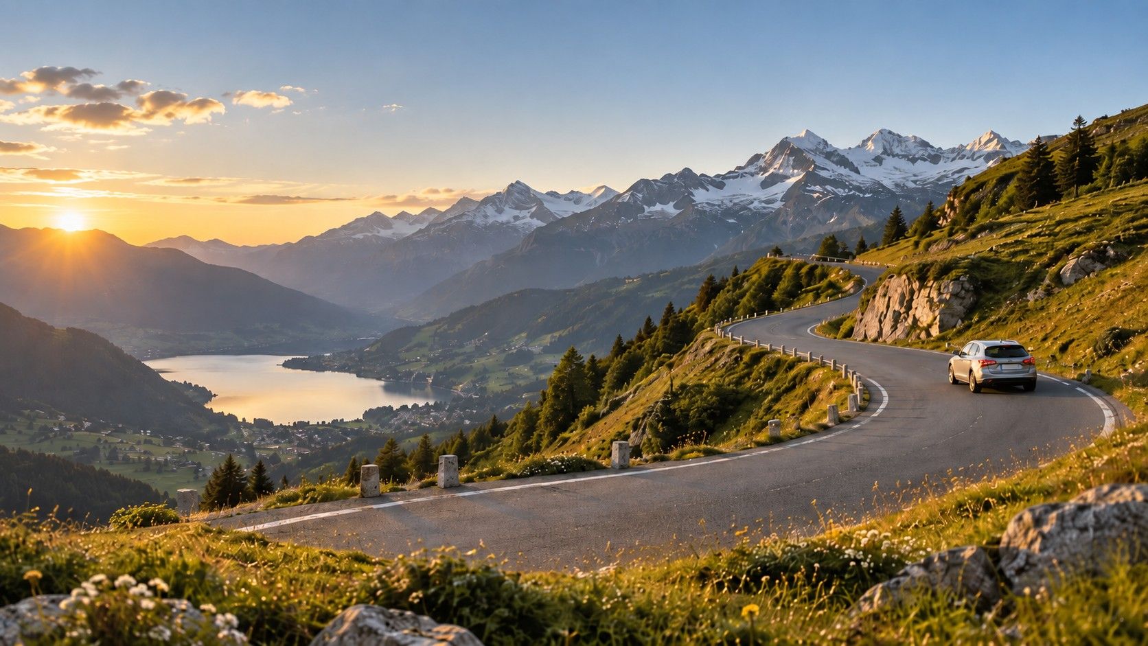A car on a winding mountain road in the Alps at sunset