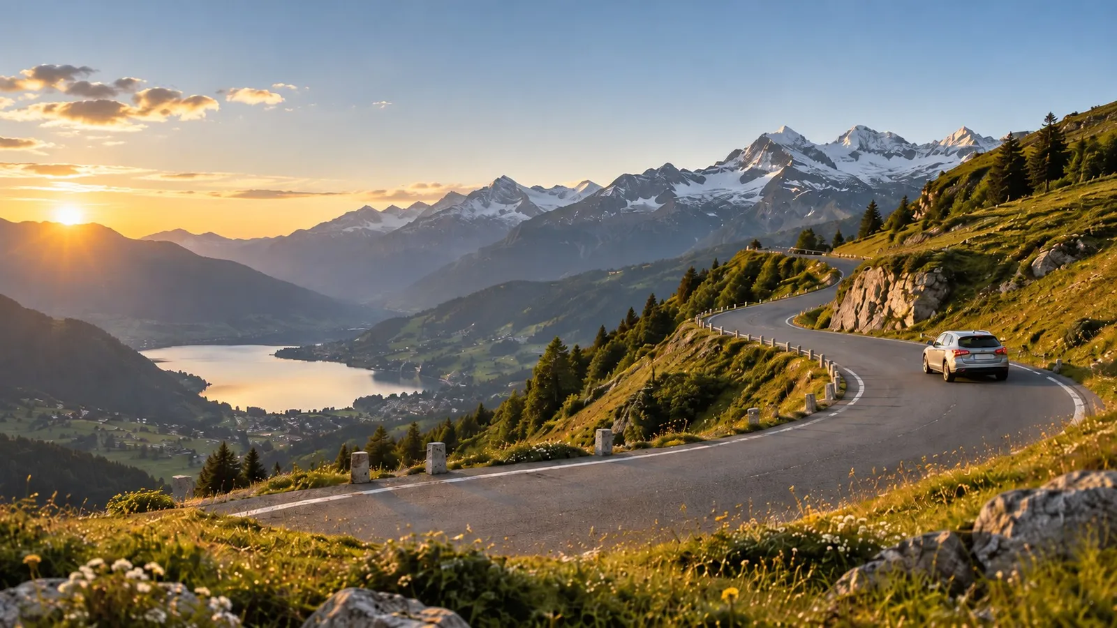 A car on a winding mountain road in the Alps at sunset