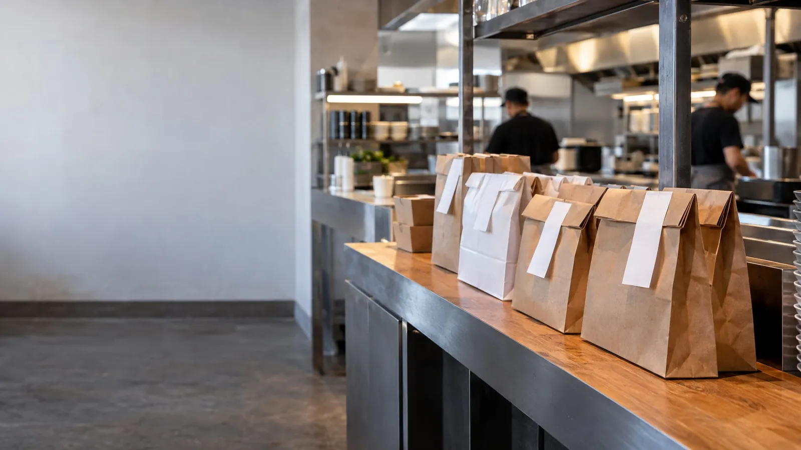 Paper takeout bags with white labels lined up on a wooden counter in a restaurant kitchen, with cooks working behind