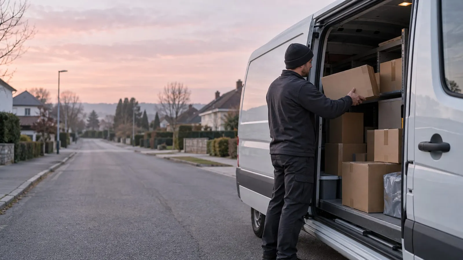 A delivery driver in a dark jacket and beanie loads cardboard boxes into the open side door of a white van on a quiet residential street at dusk