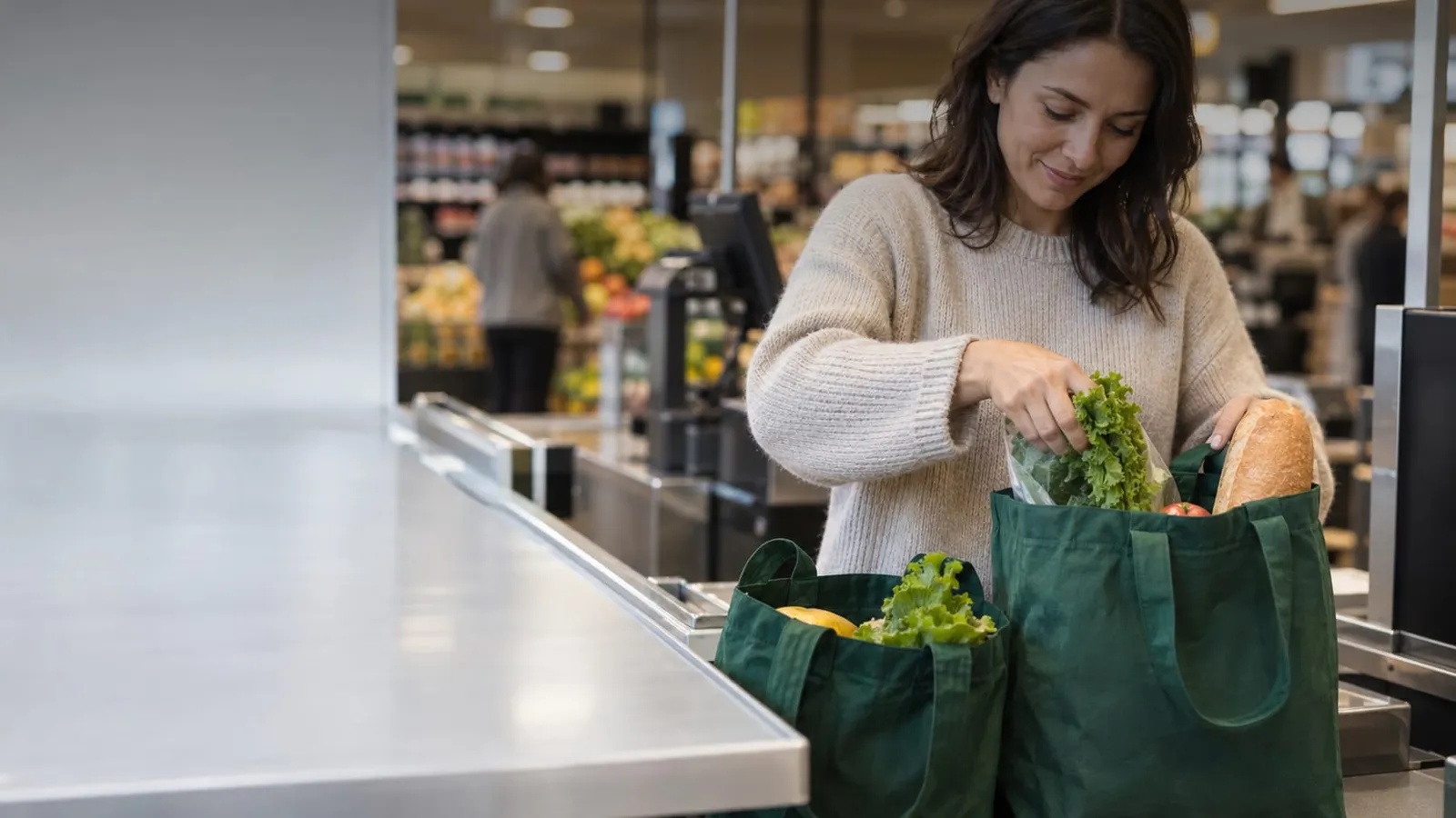A woman packs lettuce and bread into green reusable bags at a grocery store checkout
