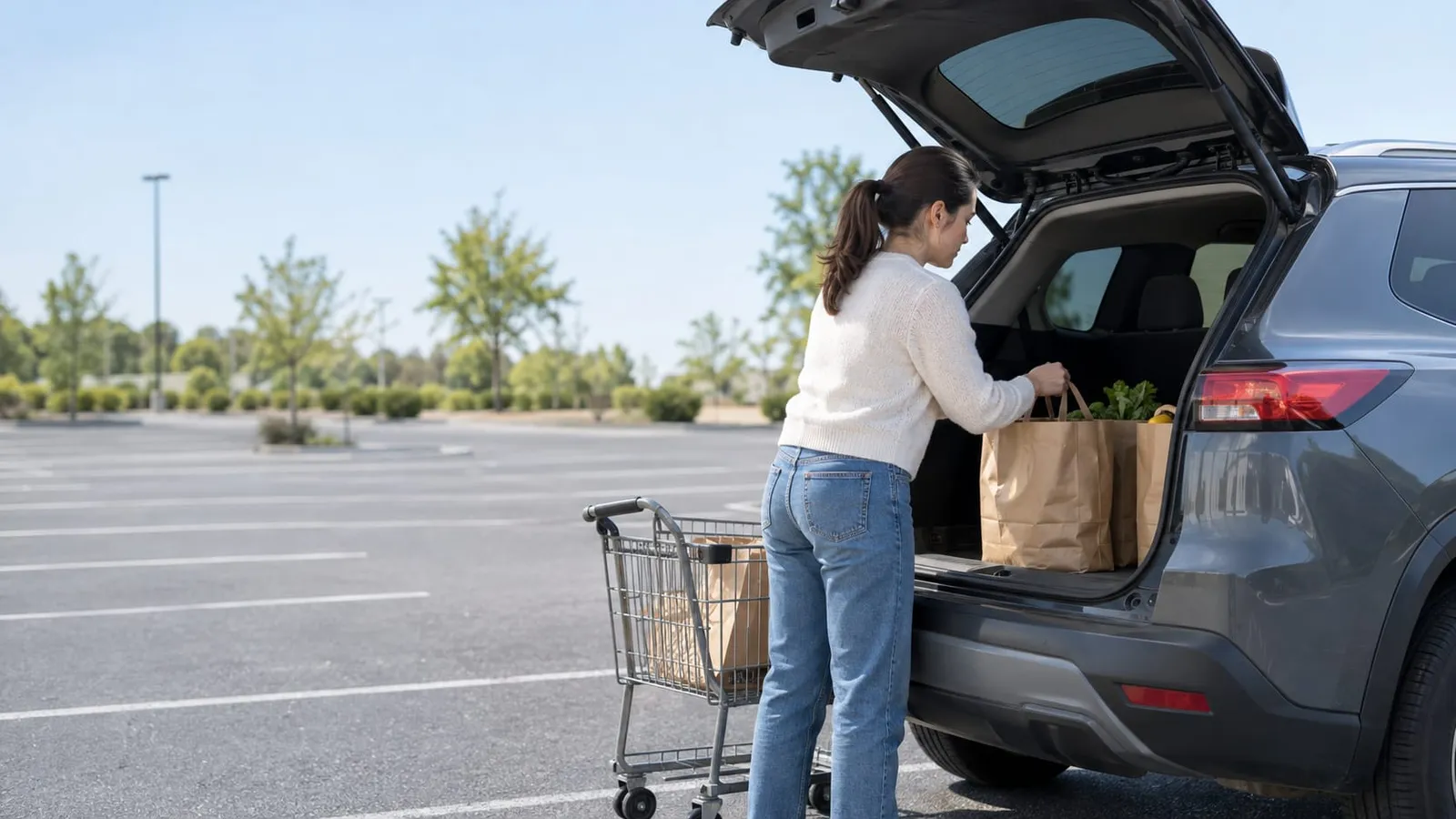 A woman in a white sweater loads paper grocery bags into the open trunk of an SUV next to a shopping cart in a parking lot