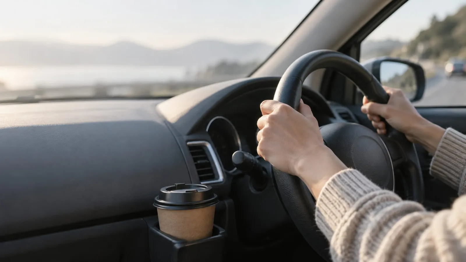 A driver's hands on a steering wheel with a coffee cup in the holder, a hazy coastal road ahead in the morning light