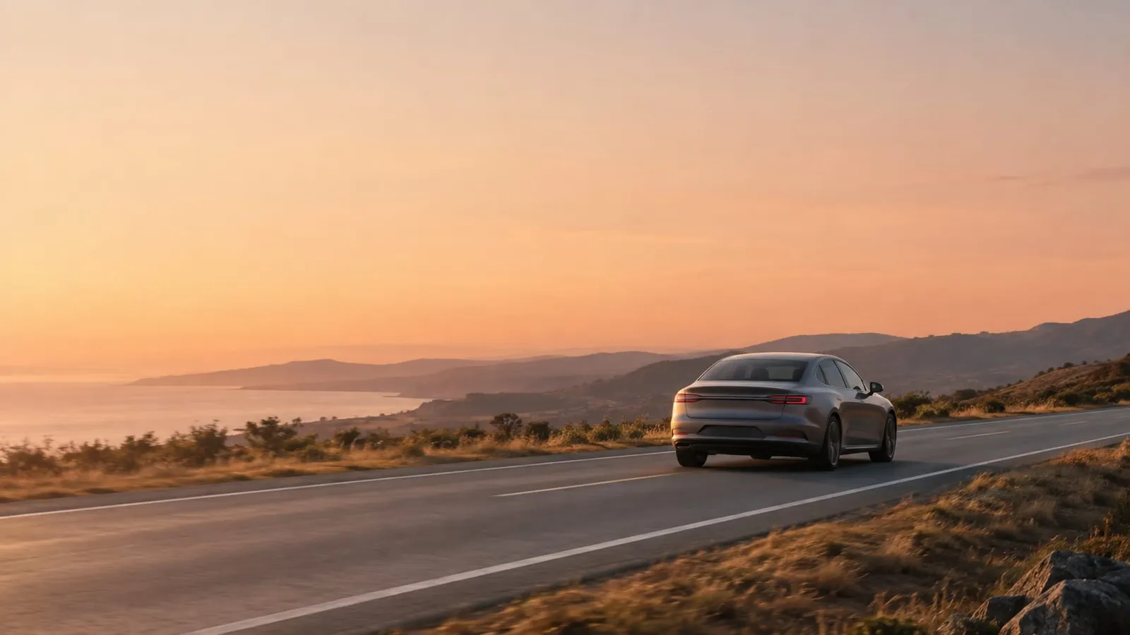 A gray sedan seen from behind driving along a coastal road at sunset with hills and the sea in the distance