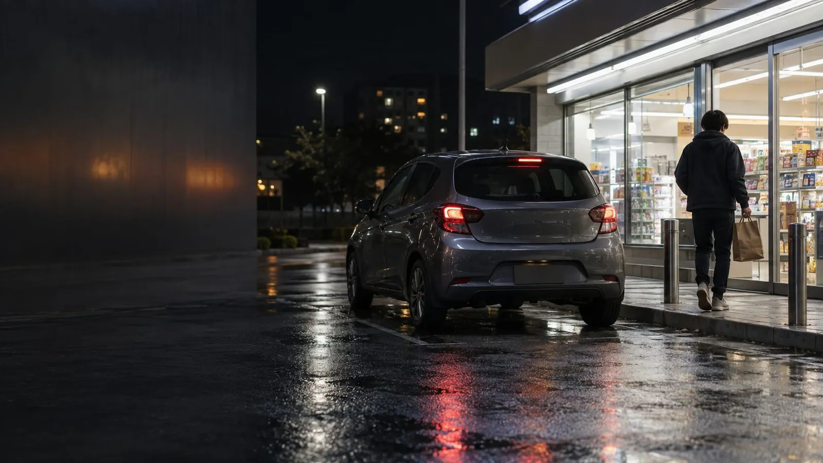 A gray hatchback parked at night on a wet pavement in front of a lit convenience store while a person carries a paper bag inside
