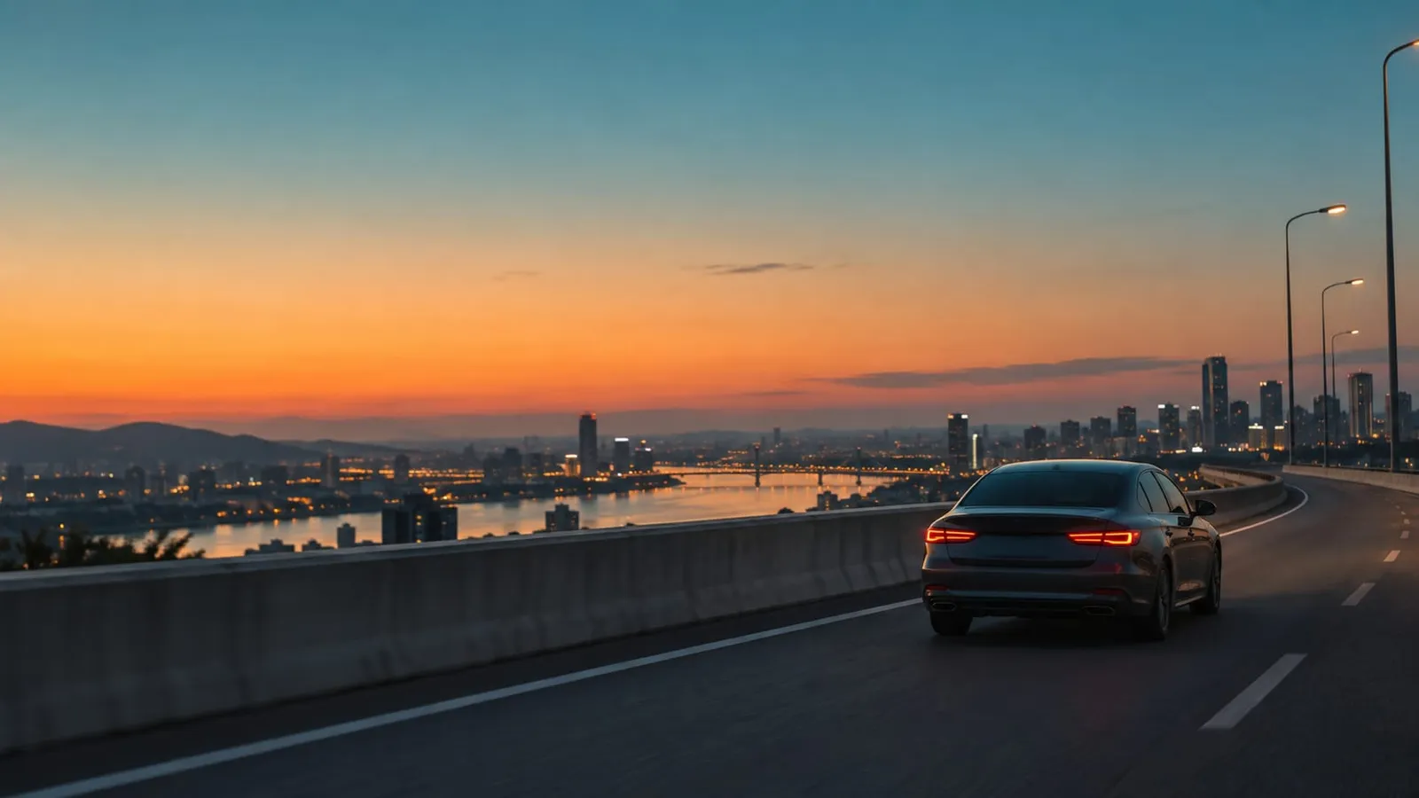 A dark sedan seen from behind drives along a highway above a river and city skyline at sunset