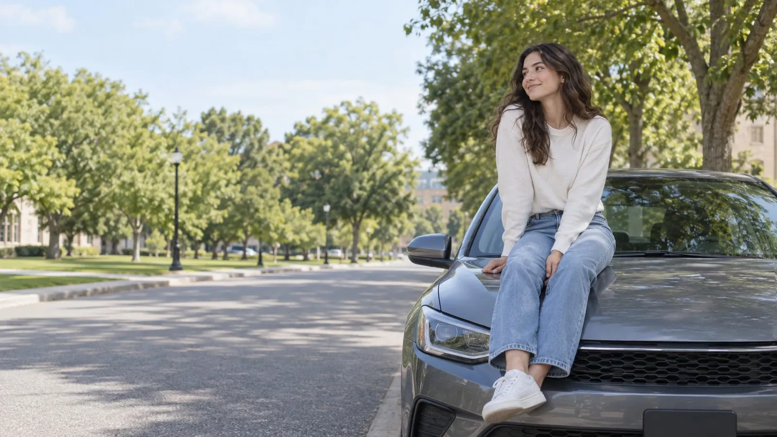 A young woman in a cream sweater and jeans sits on the hood of a gray car on a tree-lined street on a sunny day