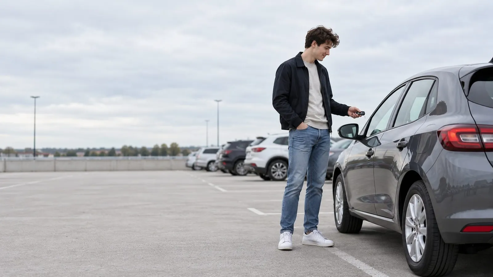 A young man in a dark jacket and jeans holds a car key as he stands beside a gray hatchback on an open parking deck