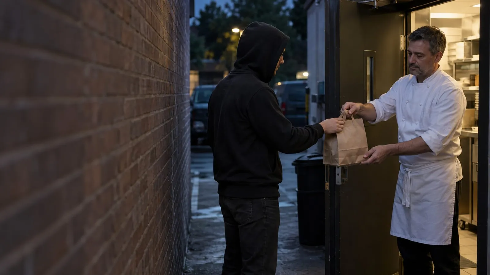 A chef in whites hands a paper takeaway bag to a courier in a dark hoodie at a restaurant's back door at dusk