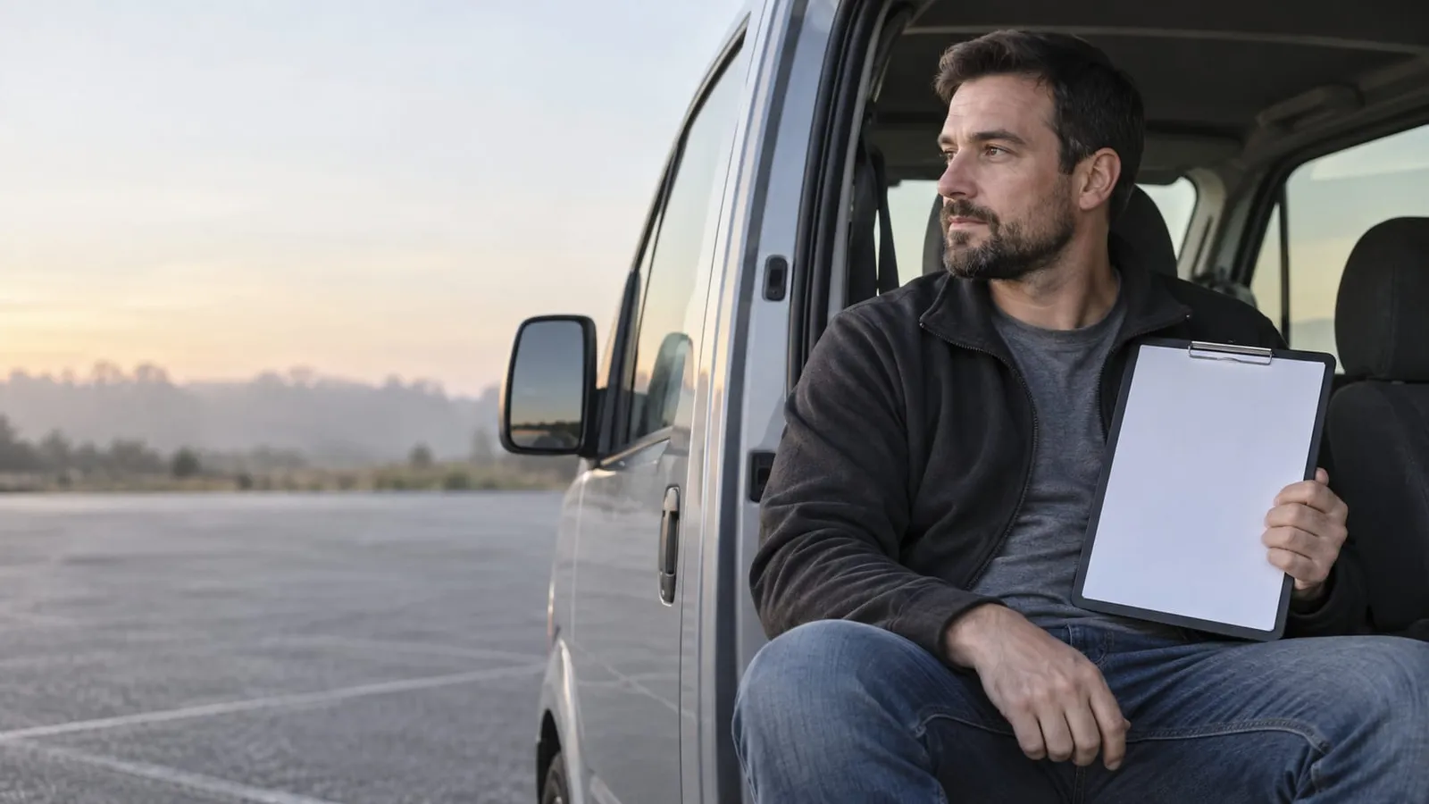 A man sits in the open door of a gray van at sunrise, holding a clipboard and looking into the distance