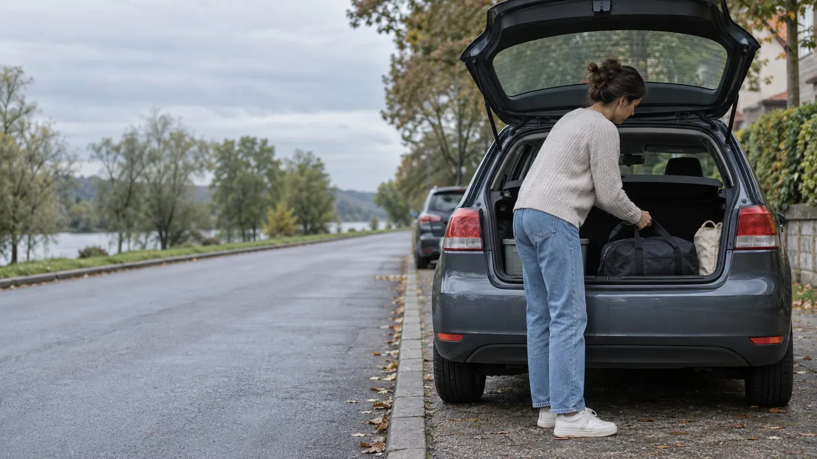 A woman loads a duffel bag into the open trunk of a gray hatchback parked at the curb