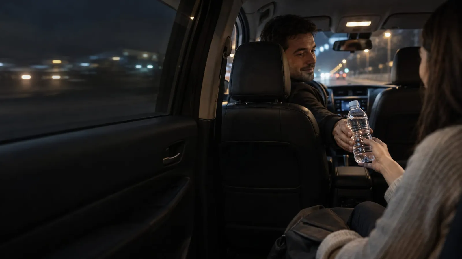 A driver turns in his seat at night and hands a bottle of water to a passenger in the back seat of a car