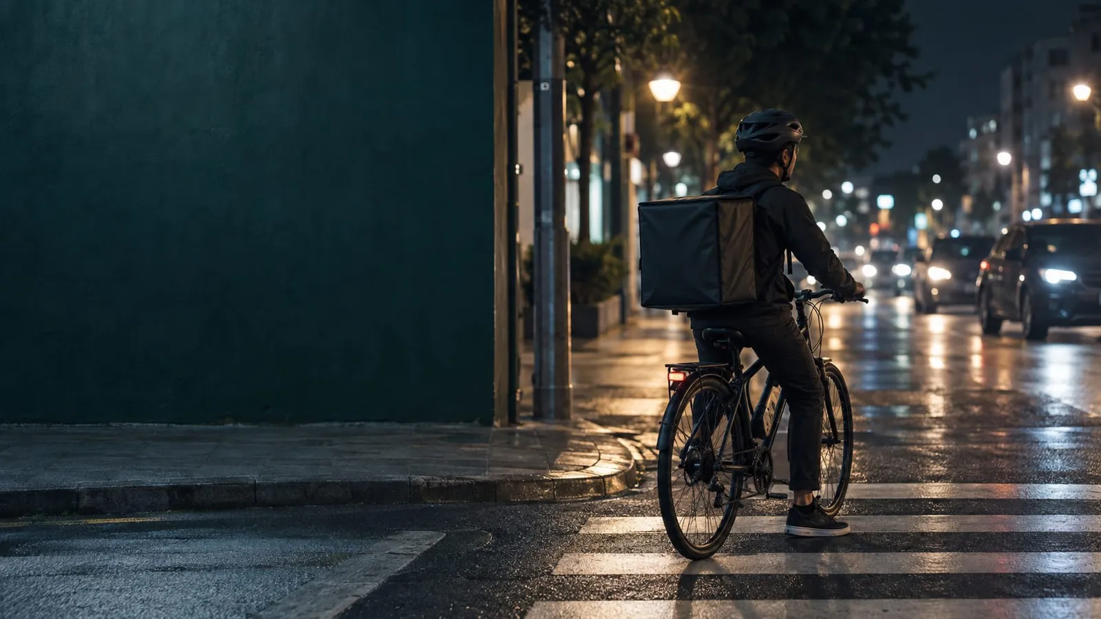 A delivery rider with an insulated backpack and helmet waits on a bicycle at a rainy city crosswalk at night