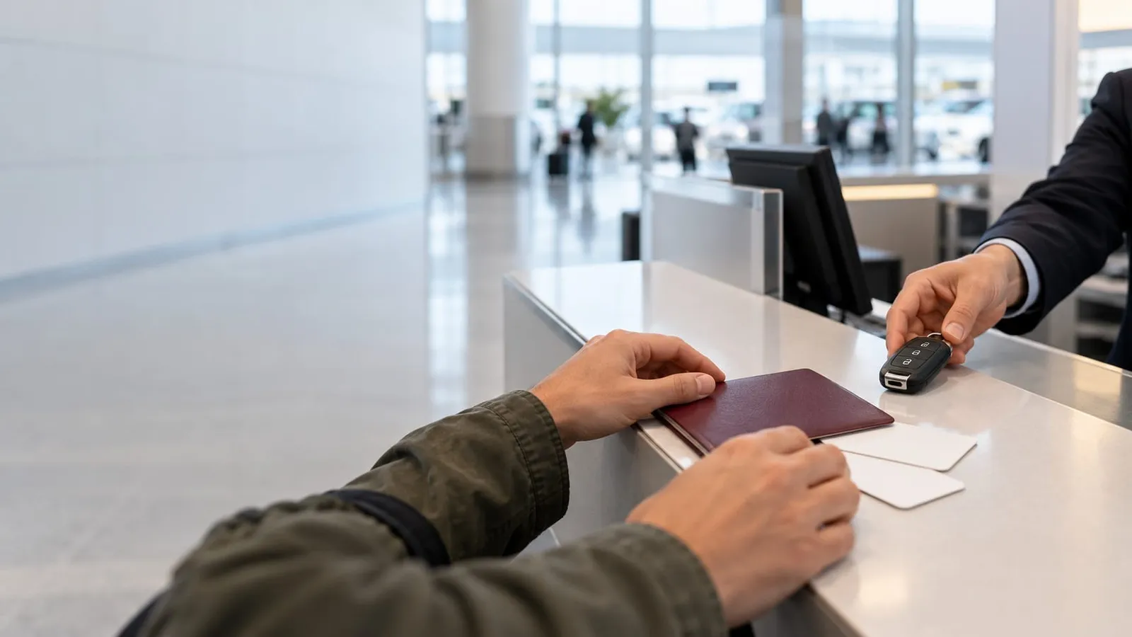 A customer rests both hands on a car rental desk beside a passport while an agent hands over a car key in an airport terminal
