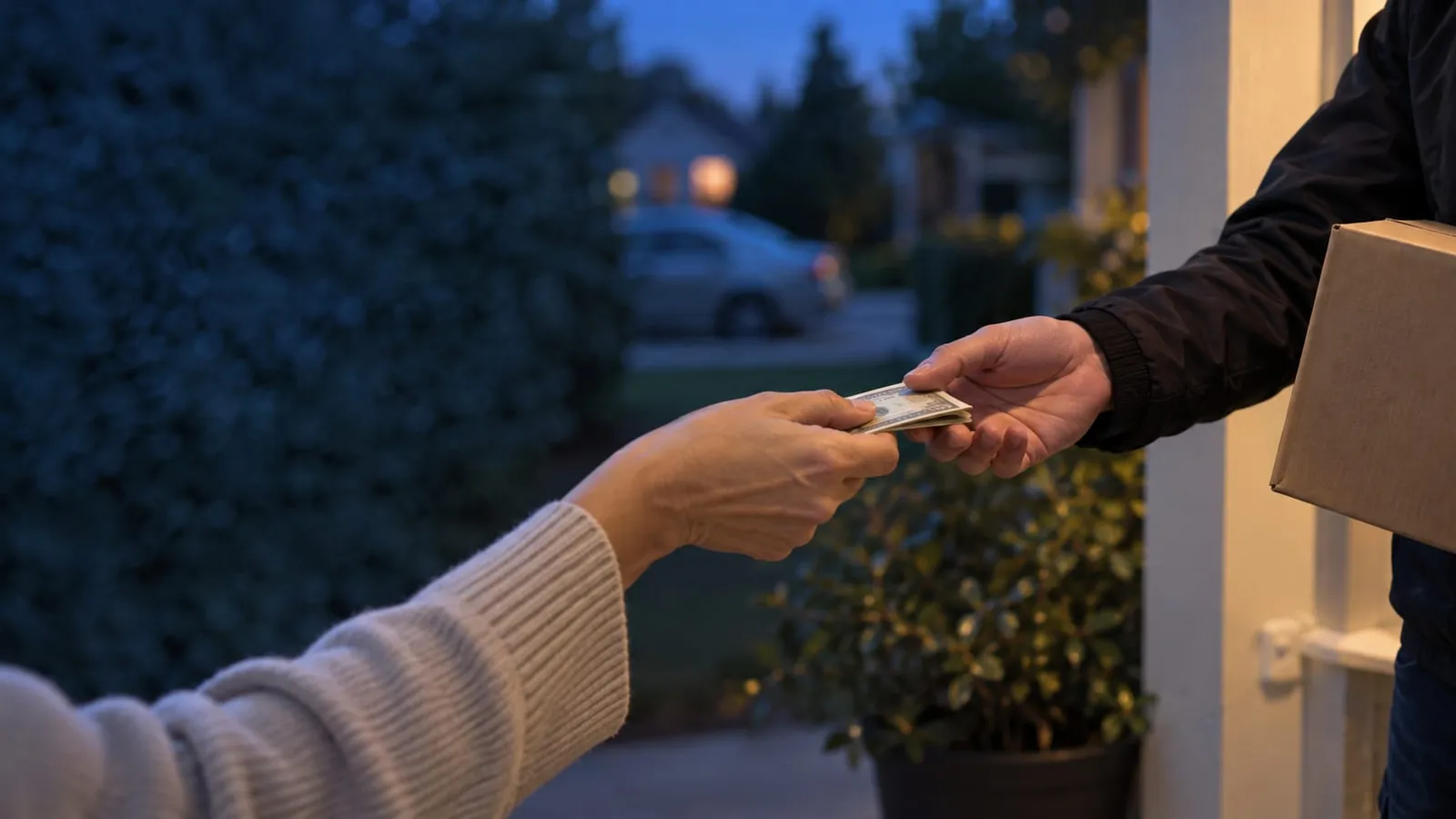 At dusk, a hand passes cash to a courier carrying a cardboard box on a home porch