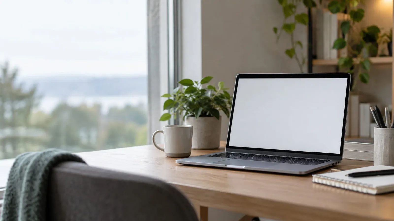 A laptop with a blank white screen on a wooden desk next to a coffee mug, a plant and a notebook by a window