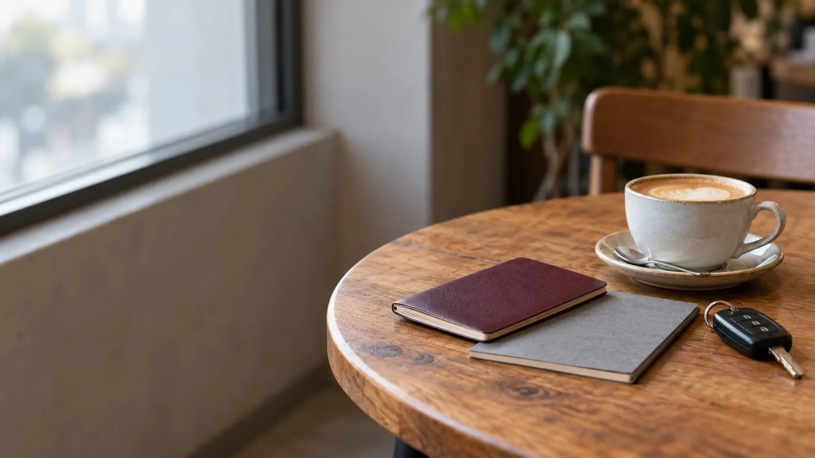 A passport and a gray booklet lie on a cafe table next to a latte and a car key, beside a window