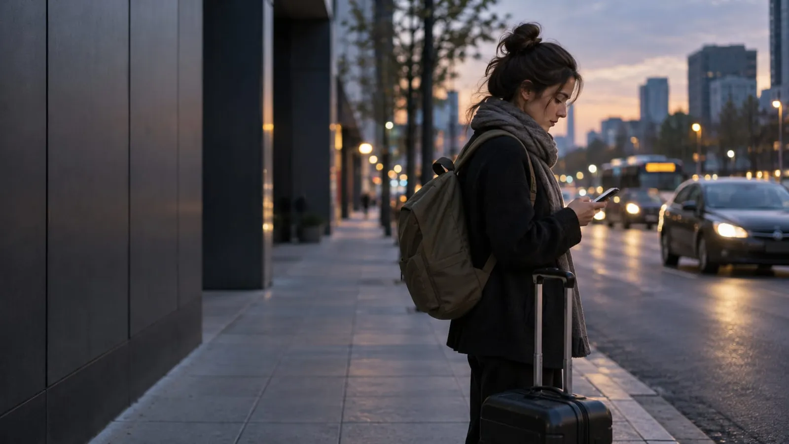 A woman with a backpack and a rolling suitcase checking her phone on a city sidewalk at dusk while cars pass on the street