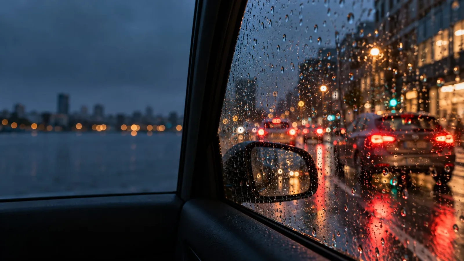 A rain-spotted car window with a side mirror, wet city street, red brake lights and a blurred skyline across the water at night